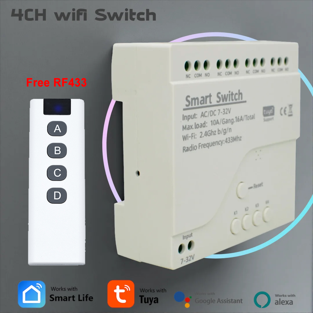 Tuya 4 Channel - 4チャンネルWiFiサーキットブレーカーTuyaスマートスイッチ12V 24V / 110V 220V 230Vリレーモジュールタイマー