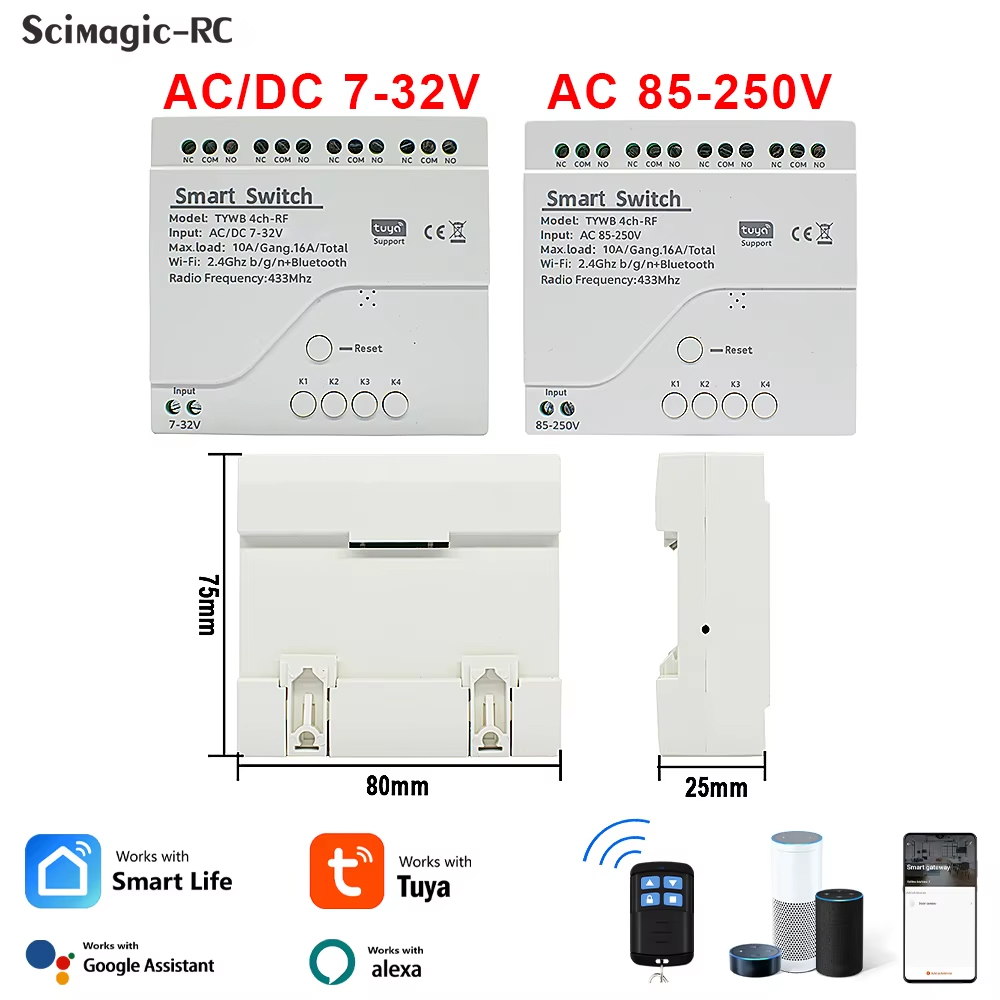 Tuya 4 Channel - 4チャンネルWi-Fiスマートリレー、4チャンネルワイヤレススイッチモジュール、7-32V、85-250V、220V、110V、2200W、RF433、10A、Tuya対応。