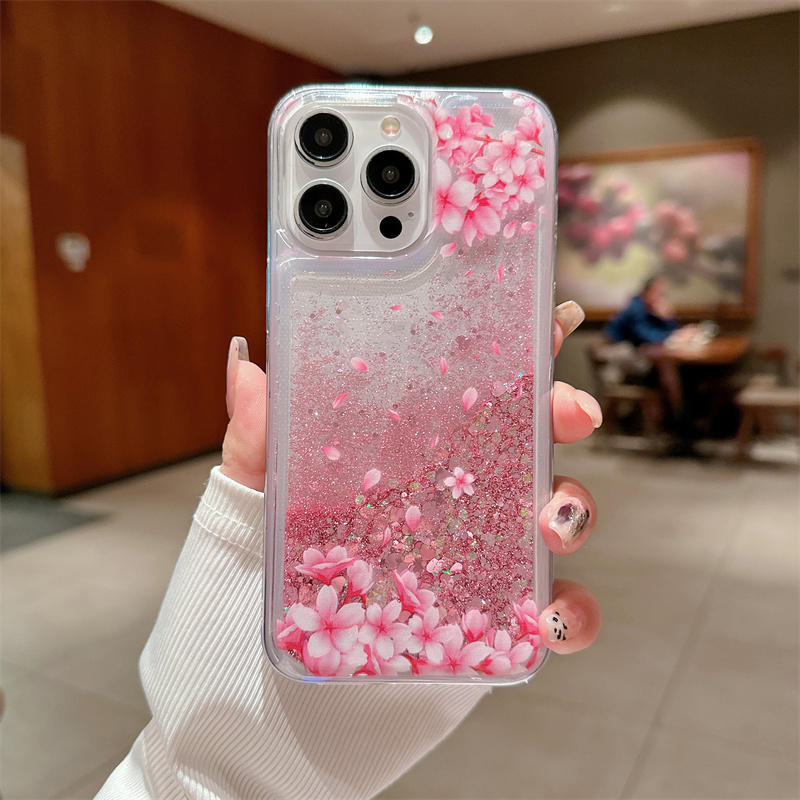 桃の花グリッター流砂ケース iphone 16 15 14  - Shelly のレビューと価格